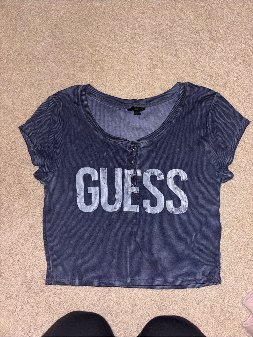 GUESS Navy Logo Ribbed Crop Top